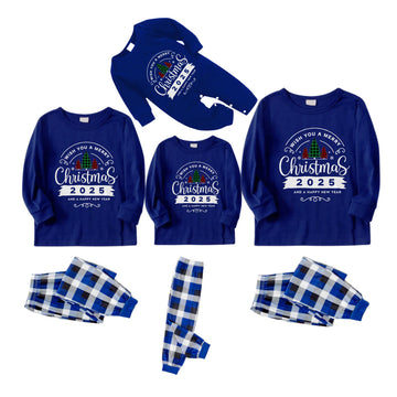 Christmas Family Matching Pajamas-Navy & White Plaid Pjs Set with "Wish You A Merry Christmas" Print