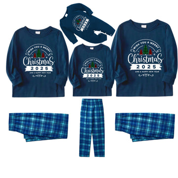 Christmas Family Matching Pajamas-Navy & Sky Blue Plaid Pjs Set with "Wish You A Merry Christmas 2025" Print