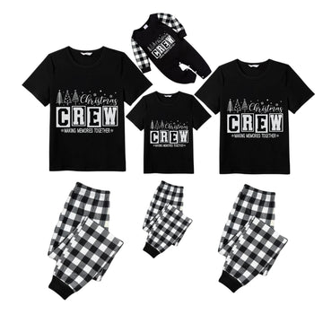 Black and White Plaid Short Sleeve Christmas Family Pajamas Set With "Christmas Crew Making Memories Together" Print