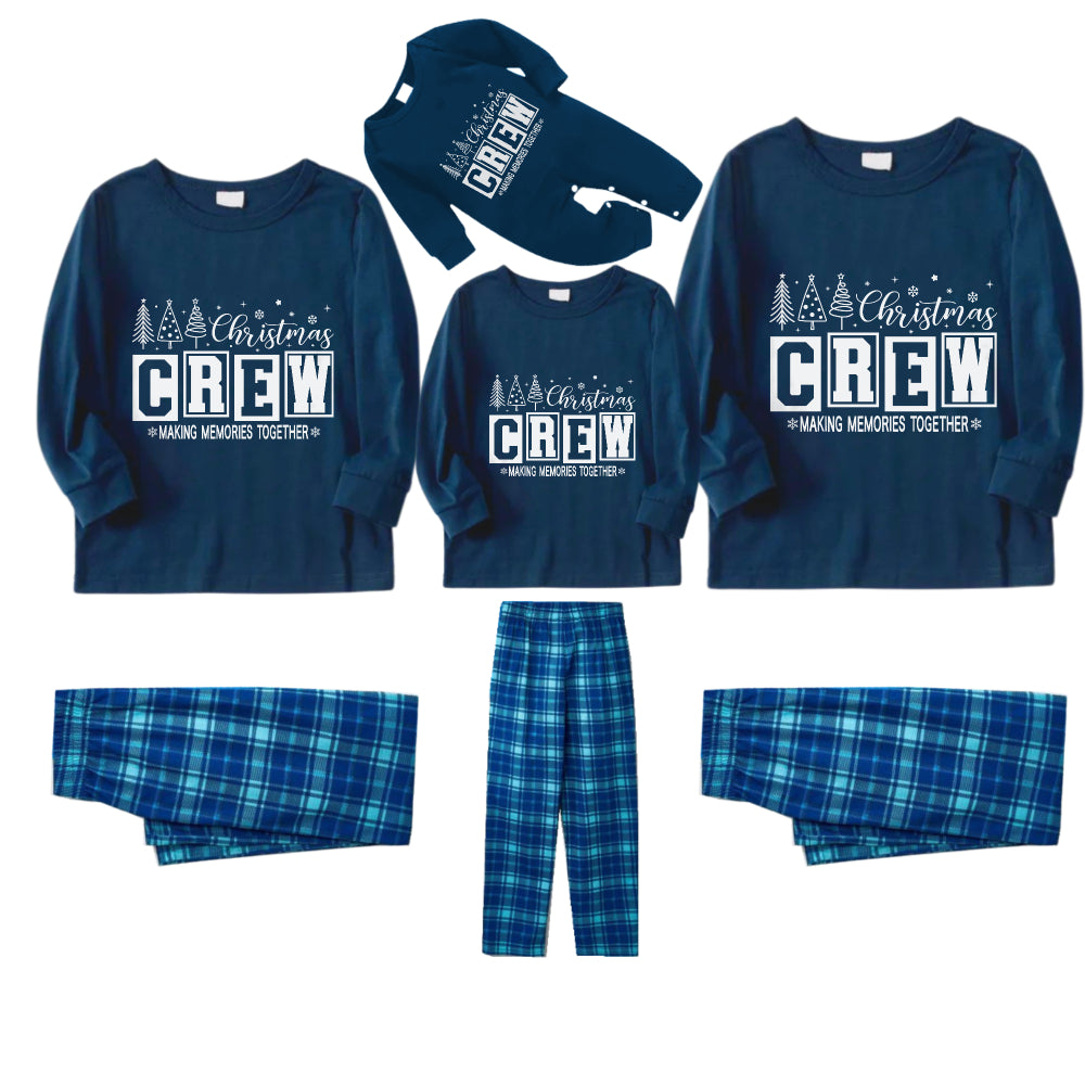 Christmas Family Matching Pajamas-Navy & Sky Blue Plaid Pjs Set with "Christmas Crew Making Memories Together" Print