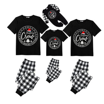 Black and White Plaid Short Sleeve Christmas Family Pajamas Set With Santa Hat and "Christmas Crew Making Memories Together" Print