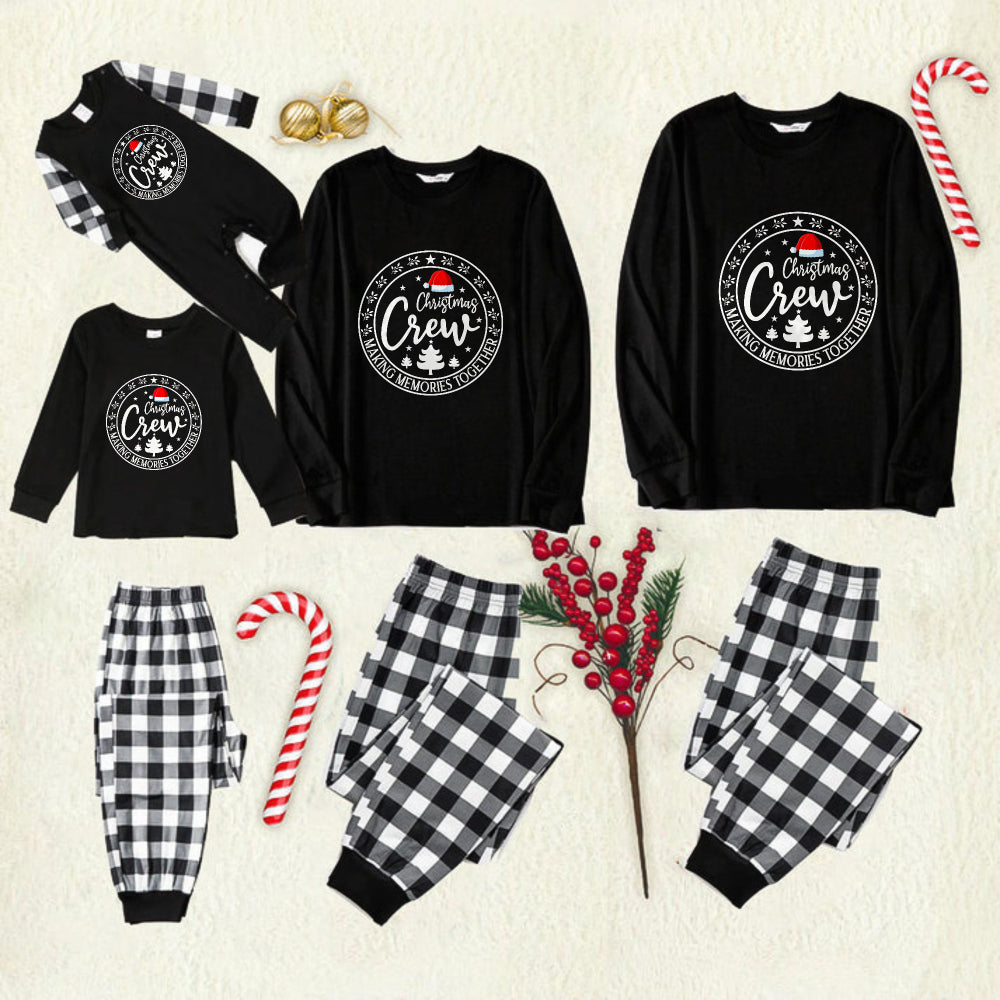 Black and White Plaid Christmas Pajamas Set With Santa Hat and "Making Memories Together" Text Print