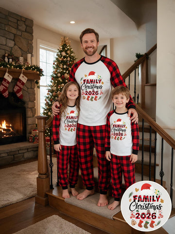 Two Piece Set Family Matching Christmas Pajamas Christmas With My Tribe Red Plaid Tent Feather Print Raglan Top Red Black Plaid Long Pants Sleepwear For Holiday Family Matching