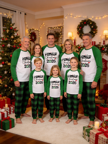 2-Piece Family Matching Christmas Pajama Set, 2026 Wreath Letter Print Green Raglan Long Sleeve Top, Green Black Buffalo Plaid Pants With Side Pockets, Matching Sleepwear For Whole Family Holiday Photos