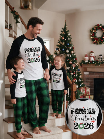 Family Matching 2026 Christmas Pajamas Set Wreath Family Christmas Letter Print Raglan Long Sleeve Top & Green Buffalo Plaid Pants Matching Sleepwear for Family of 3 Perfect for Holiday Photo Sessions and Christmas Eve Celebrations