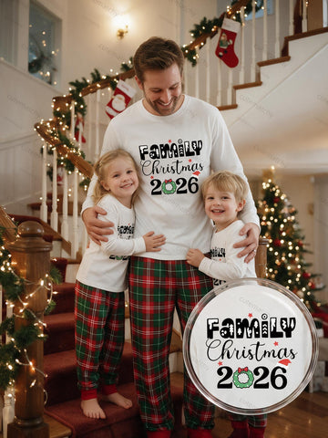 Family Matching 2026 Christmas Pajamas Set Family Christmas Wreath Graphic White Long Sleeve Top and Red Green Plaid Pants Cozy Holiday Sleepwear for Whole Family