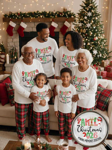 Family Matching 2026 Christmas Pajama Set | Soft 2-Piece Outfit with "Family Christmas 2026 Making Memories Together" Candy Cane Festive Print & Red Green Plaid Pants With Pockets