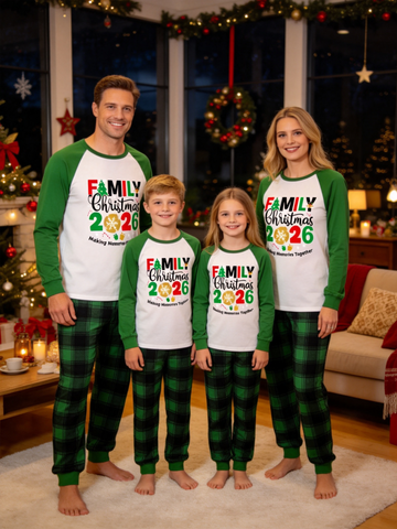 2026 Family Matching Christmas Pajama Set, Raglan Long Sleeve Top with Family Christmas Print, Green Black Buffalo Plaid Pants, Soft Festive Loungewear for Whole Family Holiday Photoshoot