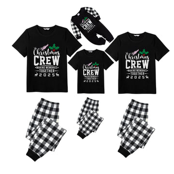 Black and White Plaid Short Sleeve Christmas Family Pajamas Set With "Christmas Crew Making Memories Together 2025" Print
