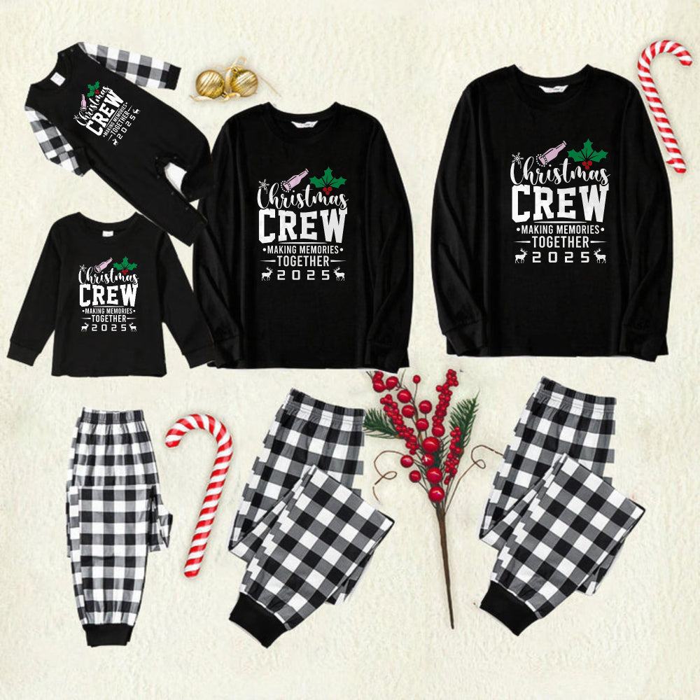 Black and White Plaid Christmas Pajamas Set With "Christmas Crew Making Memories Together" Text Print