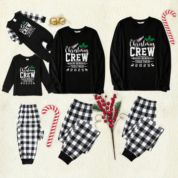 Black and White Plaid Christmas Pajamas Set With "Christmas Crew Making Memories Together" Text Print