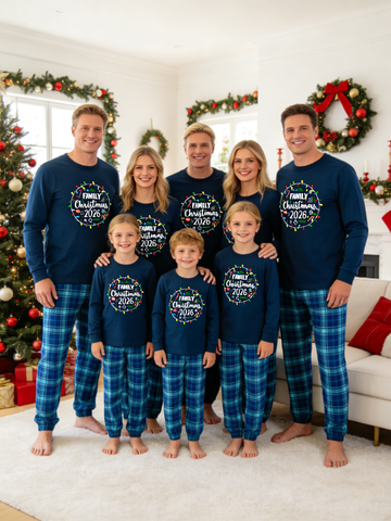 2-Piece Family Matching Christmas Pajama Set, 2026 Light Wreath Candy Cane Print Navy Long Sleeve Top, Blue Plaid Pocket Pants, Holiday Matching Sleepwear For Family Photos, Christmas Eve Nightwear