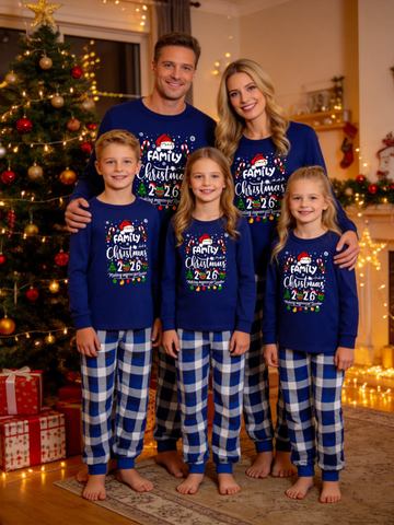 Family Matching Christmas Pajamas, 2026 Making Memories Together Festive Print Top, Blue Plaid Pocket Pants, Holiday Family Nightwear