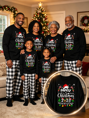 Family Matching 2026 Christmas Pajama Set | Soft 2-Piece Sleepwear with "Family Christmas 2026 Making Memories Together" Santa & Candy Cane Print & Black White Plaid Pants With Pockets