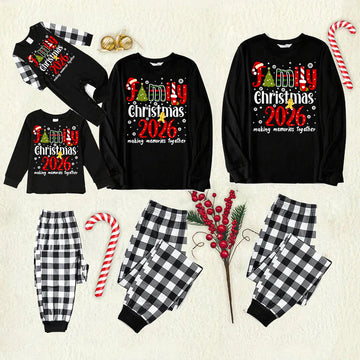 Cute "Family Christmas 2026" Text Print Black and White Plaid Family Matching Pajamas