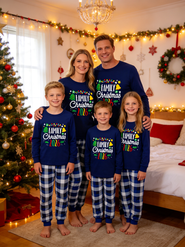 Family Matching Christmas Pajamas Set, 2026 Making Memories Together Festive Print Raglan Top, Blue Plaid Pants With Pockets, Cozy Holiday Family Nightwear