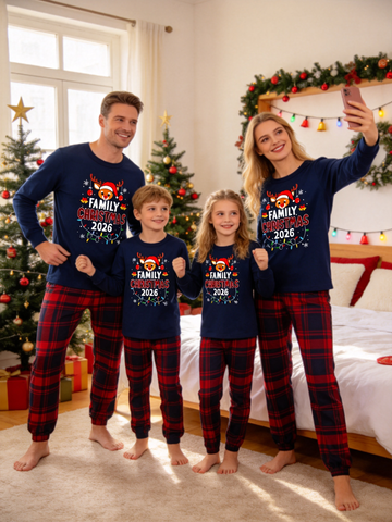 Family Matching Christmas Pajama Set, Navy Long Sleeve Top with Cute Reindeer "Family Christmas 2026" Graphic Print, Red Navy Plaid Pants, Soft Cozy Children Holiday Loungewear for Family Christmas Photoshoot