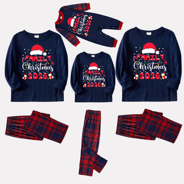 Cute "Family Christmas 2026" Pattern Printed Red and Blue Plaid Christmas Matching Pajamas