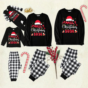 "2026 Family Christmas" Text and Christmas Pattern Black and White Plaid Family Matching Pajamas