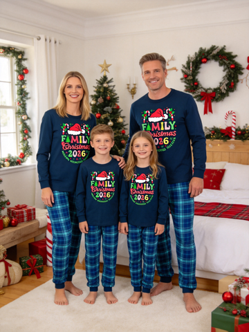2-Piece Family Matching Christmas Pajama Set, 2026 Santa Hat Candy Cane Letter Print Navy Long Sleeve Top, Blue Buffalo Plaid Pants With Pockets, Cozy Matching Sleepwear For Christmas Eve & Family Holiday Photos