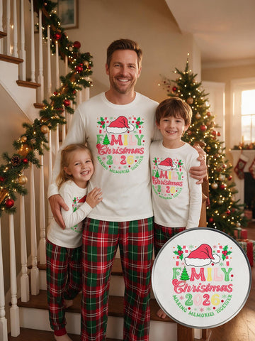 2026 Family Matching Christmas Pajamas Set Family Christmas Santa Hat Print Long Sleeve Top and Red Green Plaid Pants Holiday Family Sleepwear for Whole Family