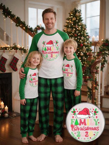 Family Matching 2026 Christmas Pajamas Set Family Christmas 2026 Santa Hat Candy Cane Print White Green Raglan Top Green Buffalo Plaid Pants Matching Sleepwear