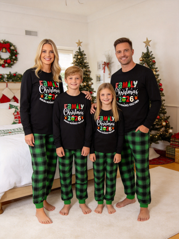 2-Piece Family Matching Christmas PJ Sets, 2026 Family Christmas Gift Print Black Long Sleeve Top, Green Buffalo Plaid Pants With Side Pockets, Matching Sleep Outfit For The Whole Family Holiday Gathering