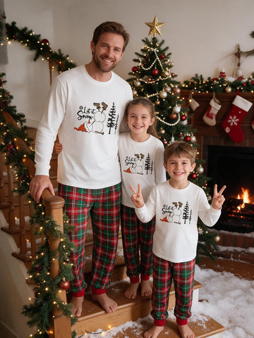 Family Matching Christmas Pajamas Set Let It Snow Snowman & Gnome Graphic White Long Sleeve Top and Red Green Plaid Pants Ideal for Winter Holiday Portraits and Cozy Christmas Nights Soft Sleepwear for Entire Family