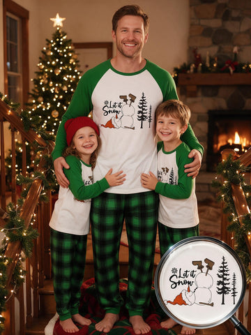 Two Piece Set Family Matching Christmas Pajamas Let It Snow Upside Down Snowman Pine Tree Print Raglan Top Green Plaid Long Pants Sleepwear For Family Xmas Holiday