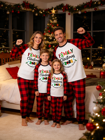 2026 Family Matching Christmas Pajama Set, Raglan Red Black Buffalo Plaid Long Sleeve Top with "Family Christmas 2026 Making Memories Together" Festive Letter Print, Red Black Plaid Pants, Soft Cozy Festive Loungewear for Family Holiday Photoshoot