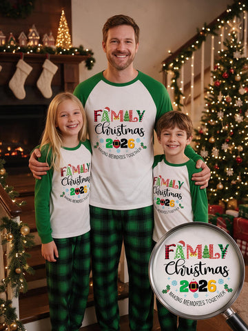 Two Piece Set Family Matching Christmas Pajamas 2026 Family Christmas Colorful Letter Holly Snowflake Print Raglan Top Green Plaid Long Pants Sleepwear