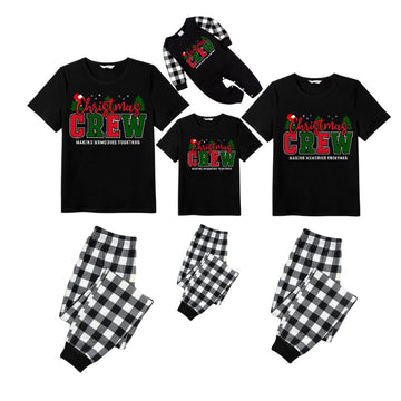 Black and White Plaid Short Sleeve Christmas Family Pajamas Set With Colorful "Christmas Crew Making Memories Together" Print