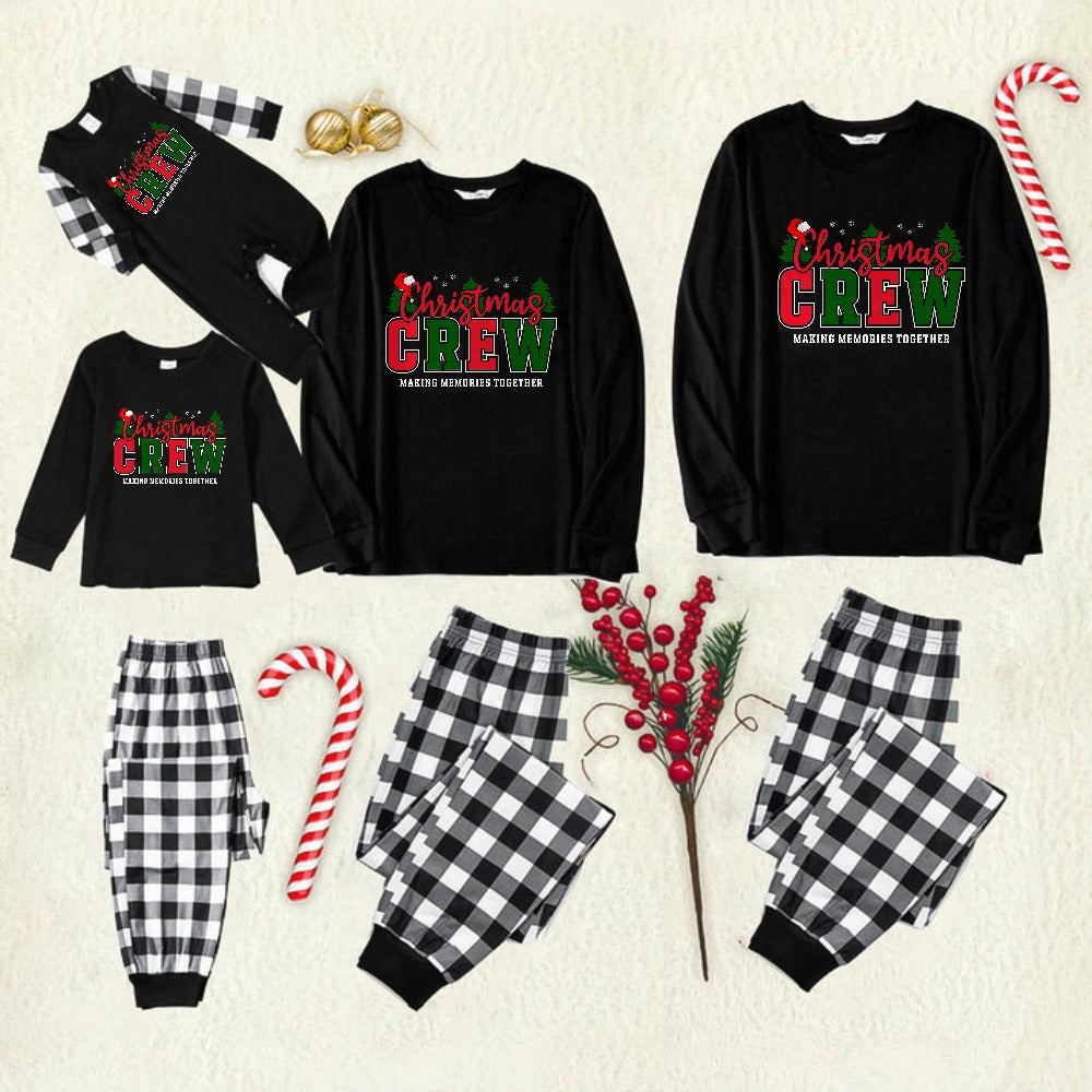 Black and White Plaid Christmas Pajamas Set With "Christmas Crew Making Memories Together" Print