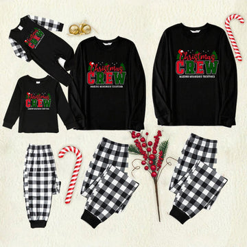 Black and White Plaid Christmas Pajamas Set With "Christmas Crew Making Memories Together" Print