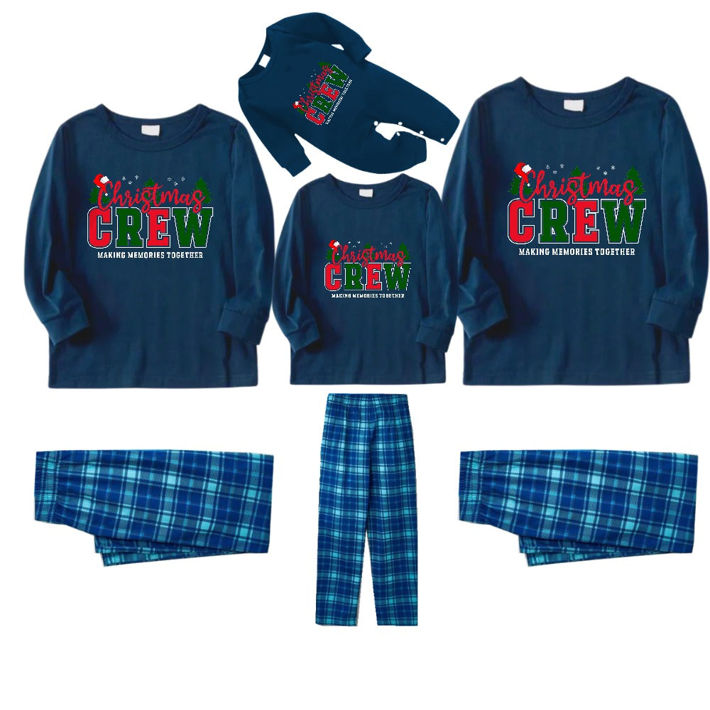 Christmas Family Matching Pajamas-Navy & Sky Blue Plaid Pjs Set with "Christmas Crew Making Memories Together" Slogan Print