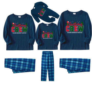 Christmas Family Matching Pajamas-Navy & Sky Blue Plaid Pjs Set with "Christmas Crew Making Memories Together" Slogan Print