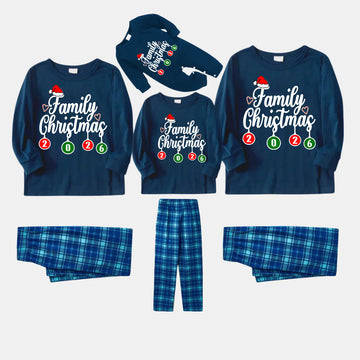 "Family Christmas 2026" Letter Printed Blue Long Sleeve Top With Blue Plaid Family Matching Pajamas