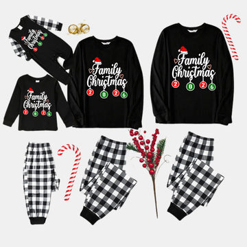 "Family Christmas" 2026 Black Long Sleeve Top with Black And White Plaid Pants Family Matching Pajamas