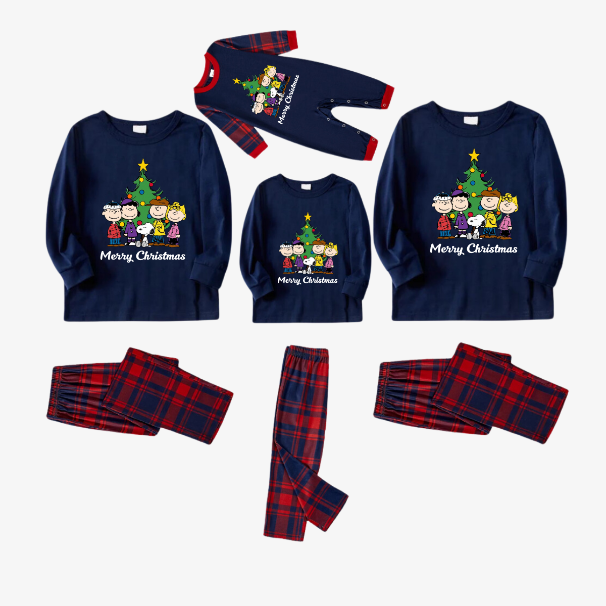 Snoopy Dog Cartoon With 'Merry Christmas' Letter and Tree Printed Red&Blue Plaid Family Pajama Sets