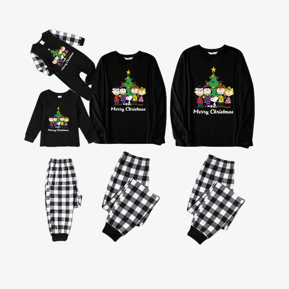 Snoopy Dog Cartoon With 'Merry Christmas' Letter and Tree Printed Black&White Plaid Family Pajama Sets