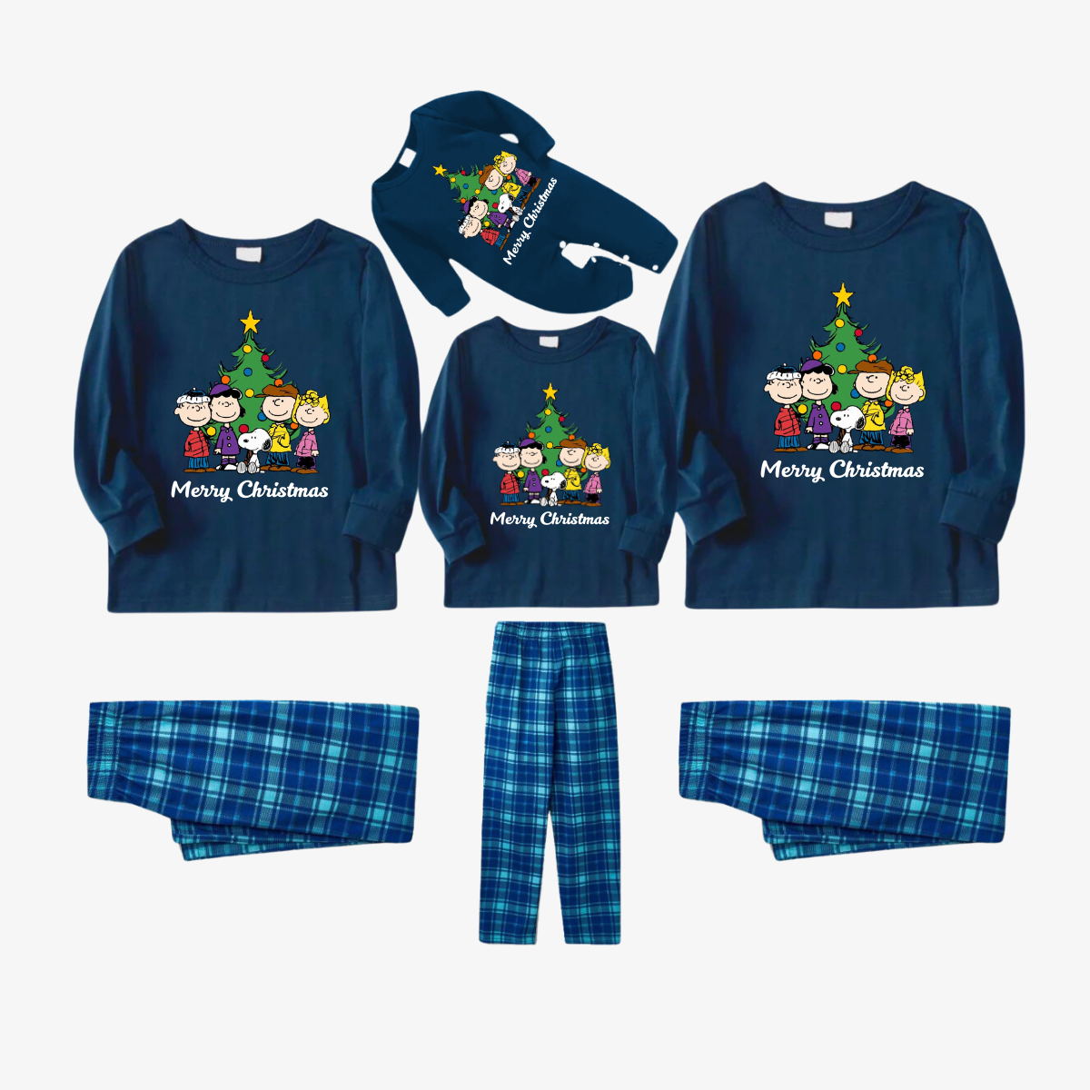 Snoopy Dog Cartoon With 'Merry Christmas' Letter and Tree Printed Sky Blue Plaid Family Pajamas Sets