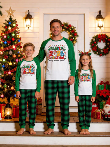 Family Matching Christmas Pajamas Set Green Raglan Sleeve Graphic Top with Green Plaid Pants 'Family 2026 Christmas' Santa Print