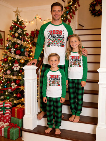 Family Matching Christmas Pajamas Set Green Raglan Sleeve Graphic Top with Green Plaid Pants '2026 Christmas Crew' Print