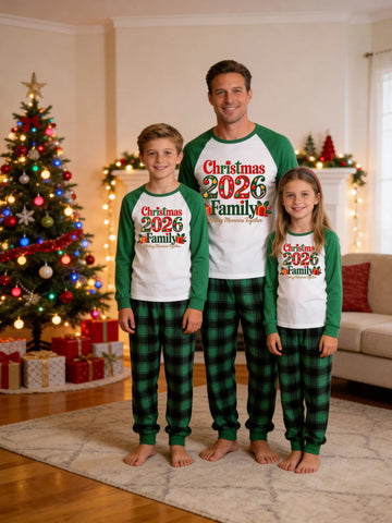 Family Matching Christmas Pajamas Set Green Raglan Sleeve Graphic Top with Green Plaid Pants 'Christmas 2026 Family' Print