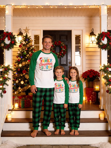Family Matching Christmas Pajamas Set Green Raglan Sleeve Graphic Top with Green Plaid Pants 'Family Christmas 2026' Wreath Print£¨¸±±¾£©