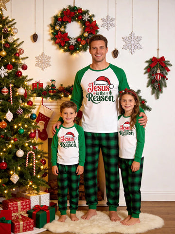 Family Matching Christmas Pajamas Set Green Raglan Sleeve Graphic Top with Green Plaid Pants 'Jesus is the Reason' Santa Hat Print