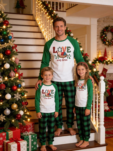 Family Matching Christmas Pajamas Set Green Raglan Sleeve Graphic Top with Green Plaid Pants 'LOVE Was Born' Baby Manger Print