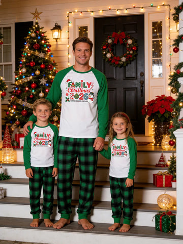 Family Matching Christmas Pajamas Set Green Raglan Sleeve Graphic Top with Green Plaid Pants 'Family Christmas 2026' Snowman Print