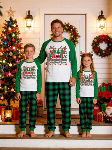 Family Matching Christmas Pajamas Set Green Raglan Sleeve Graphic Top with Green Plaid Pants 'We Are Family Christmas Crew' Print