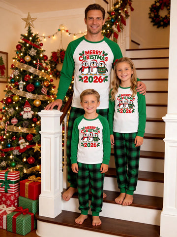Family Matching Christmas Pajamas Set Green Raglan Sleeve Graphic Top with Green Plaid Pants 'Merry Christmas 2026' Penguins Print